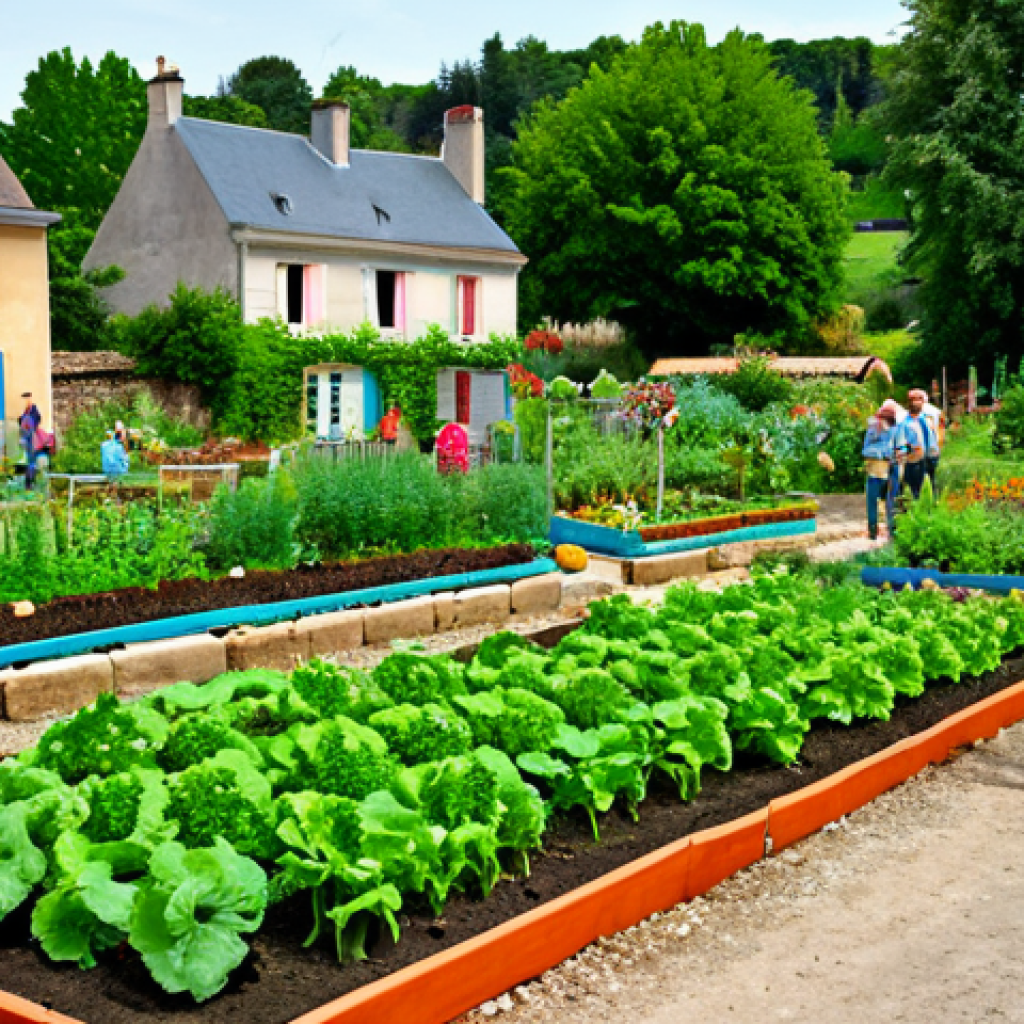 **Image:** A vibrant community garden in a French town, with people of all ages tending to vegetables and flowers, surrounded by modest houses.
    **Prompt:** "Lush community garden in a charming French village, people gardening together, fully clothed, diverse vegetables and flowers, surrounded by quaint houses, daylight, safe for work, appropriate content, family-friendly, perfect anatomy, correct proportions, well-formed hands, natural pose, high quality, professional."