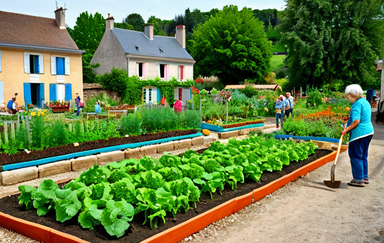 **Image:** A vibrant community garden in a French town, with people of all ages tending to vegetables and flowers, surrounded by modest houses.
    **Prompt:** "Lush community garden in a charming French village, people gardening together, fully clothed, diverse vegetables and flowers, surrounded by quaint houses, daylight, safe for work, appropriate content, family-friendly, perfect anatomy, correct proportions, well-formed hands, natural pose, high quality, professional."