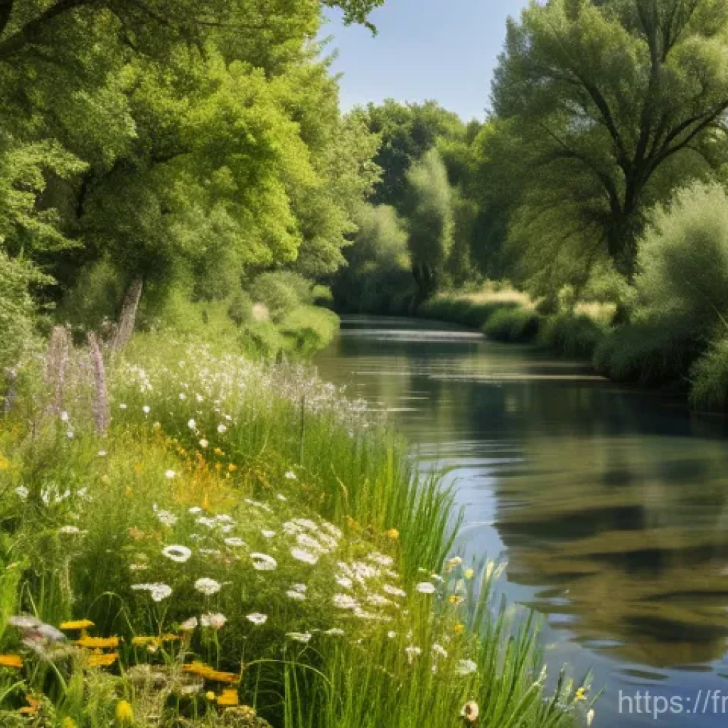서식지 회복을 위한 커뮤니티 정책 개발 - A serene and thriving section of a rewilded river in rural France, showcasing the success of a natur...