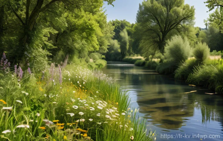 서식지 회복을 위한 커뮤니티 정책 개발 - A serene and thriving section of a rewilded river in rural France, showcasing the success of a natur...