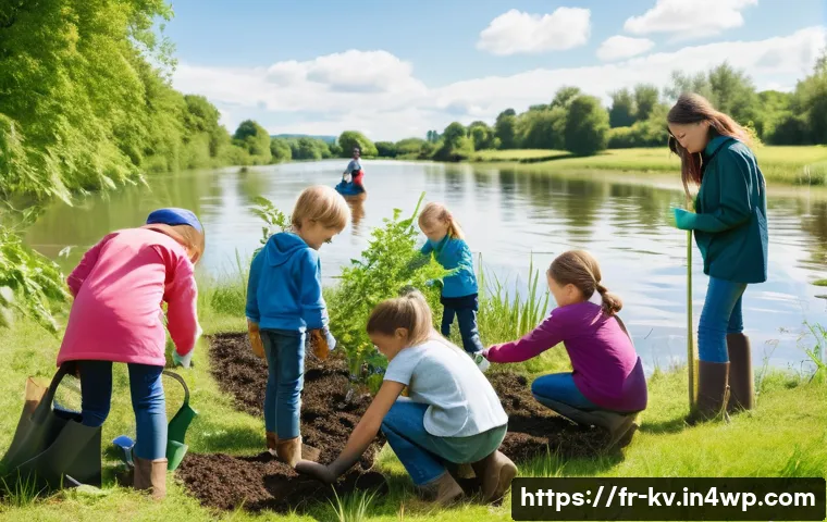서식지 회복을 위한 시민 참여 증진 방안 - A vibrant, wide-angle shot of a diverse group of enthusiastic volunteers, including adults of variou...