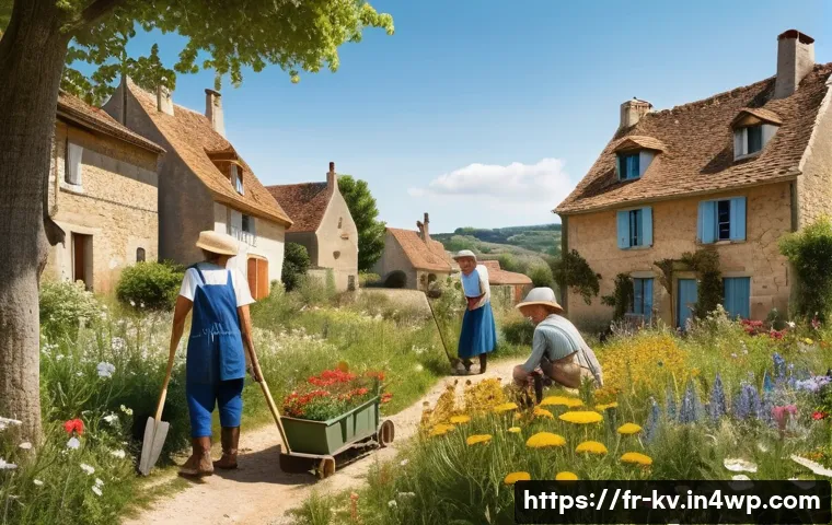 서식지 회복 프로젝트의 지역적 특징 - **Community Meadow Restoration:** A picturesque scene in a charming French village, where a diverse ...